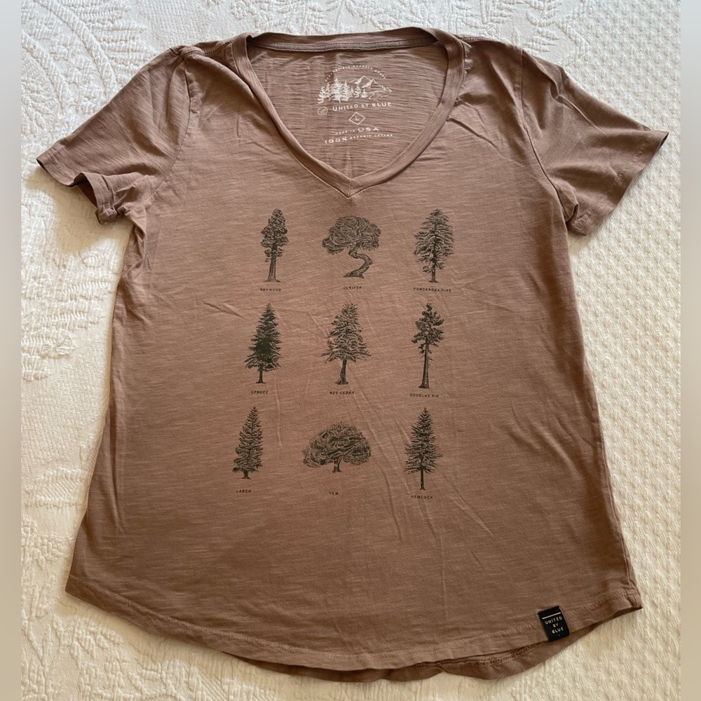 United by Blue - Trees 100% Cotton Made in USA V-neck T-shirt Brown EUC L